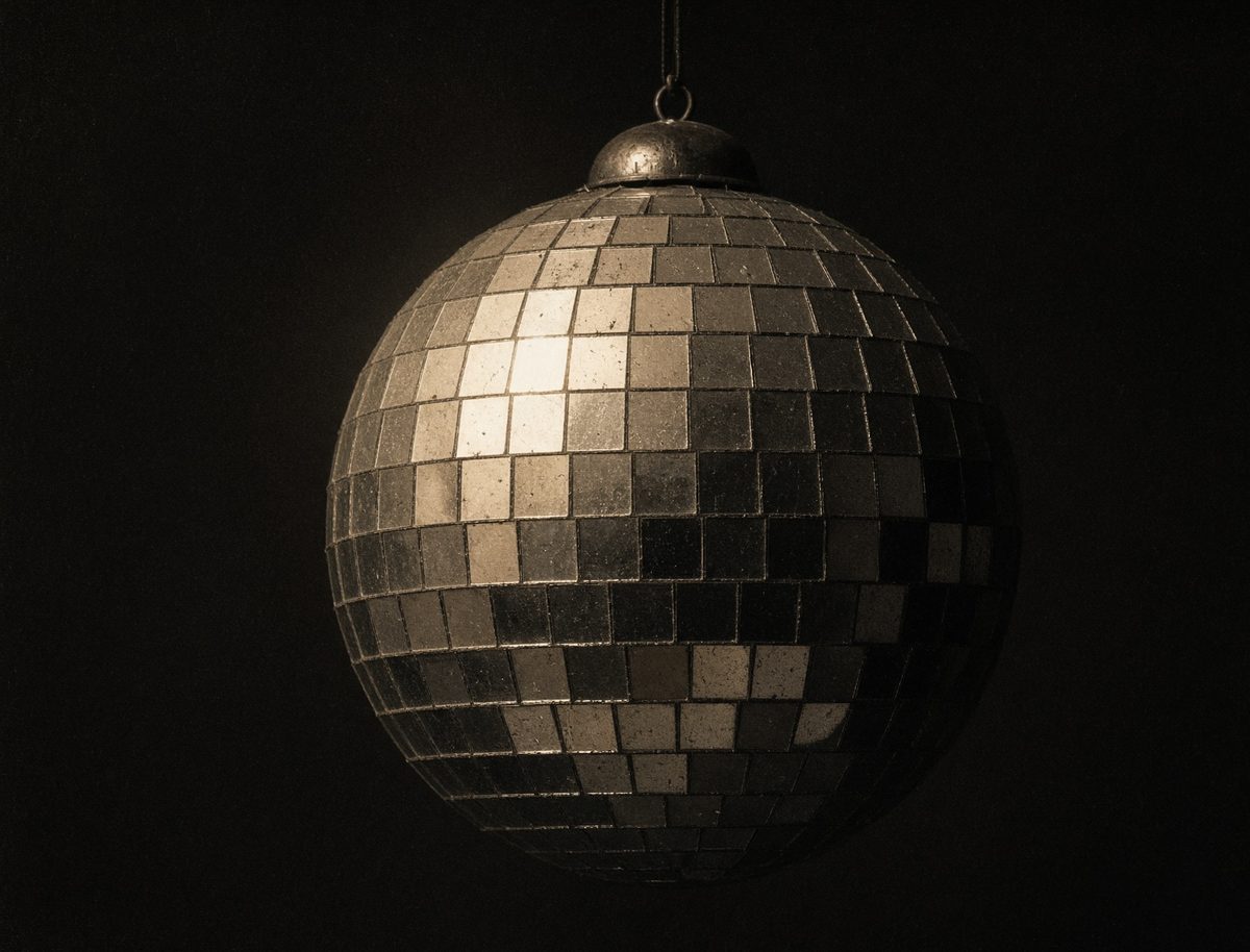 Close-up of a mirrored disco ball in darkness