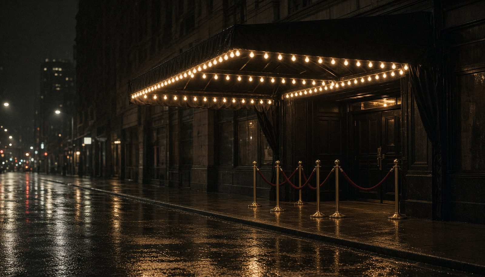Night entrance of a 1970s New York nightclub, wet street and a lit canopy