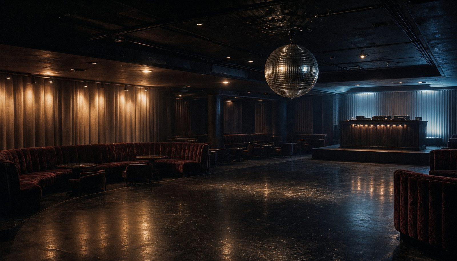 Empty nightclub interior with a hanging disco ball