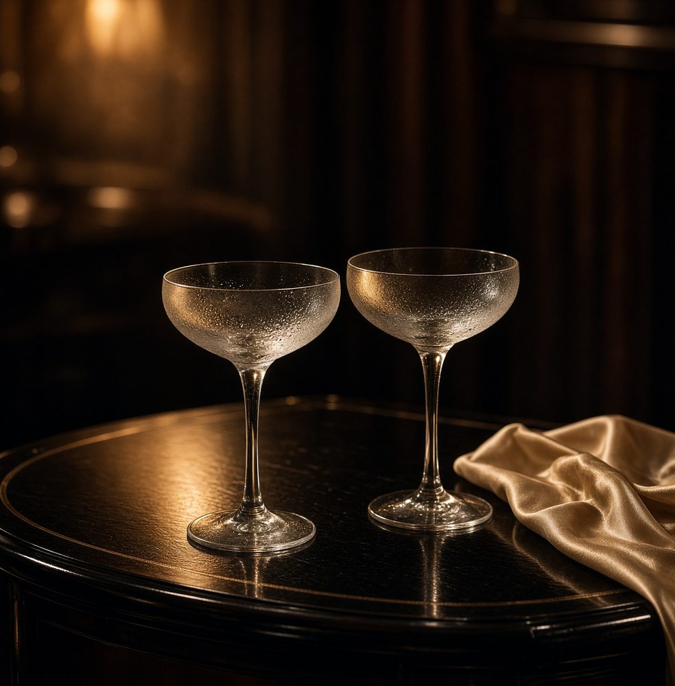 Two empty coupe glasses on a black nightclub table