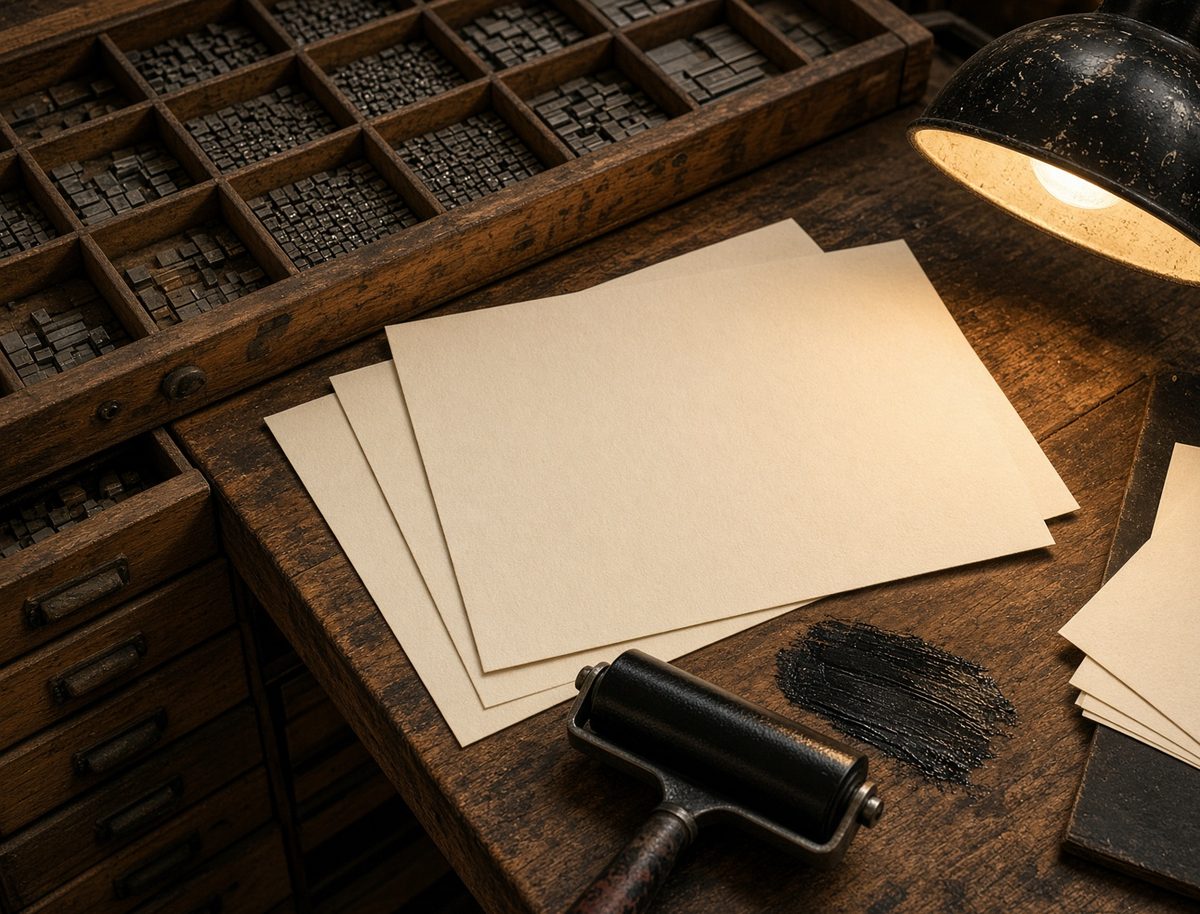 Letterpress workshop with wooden type drawers, ink roller, and cream paper