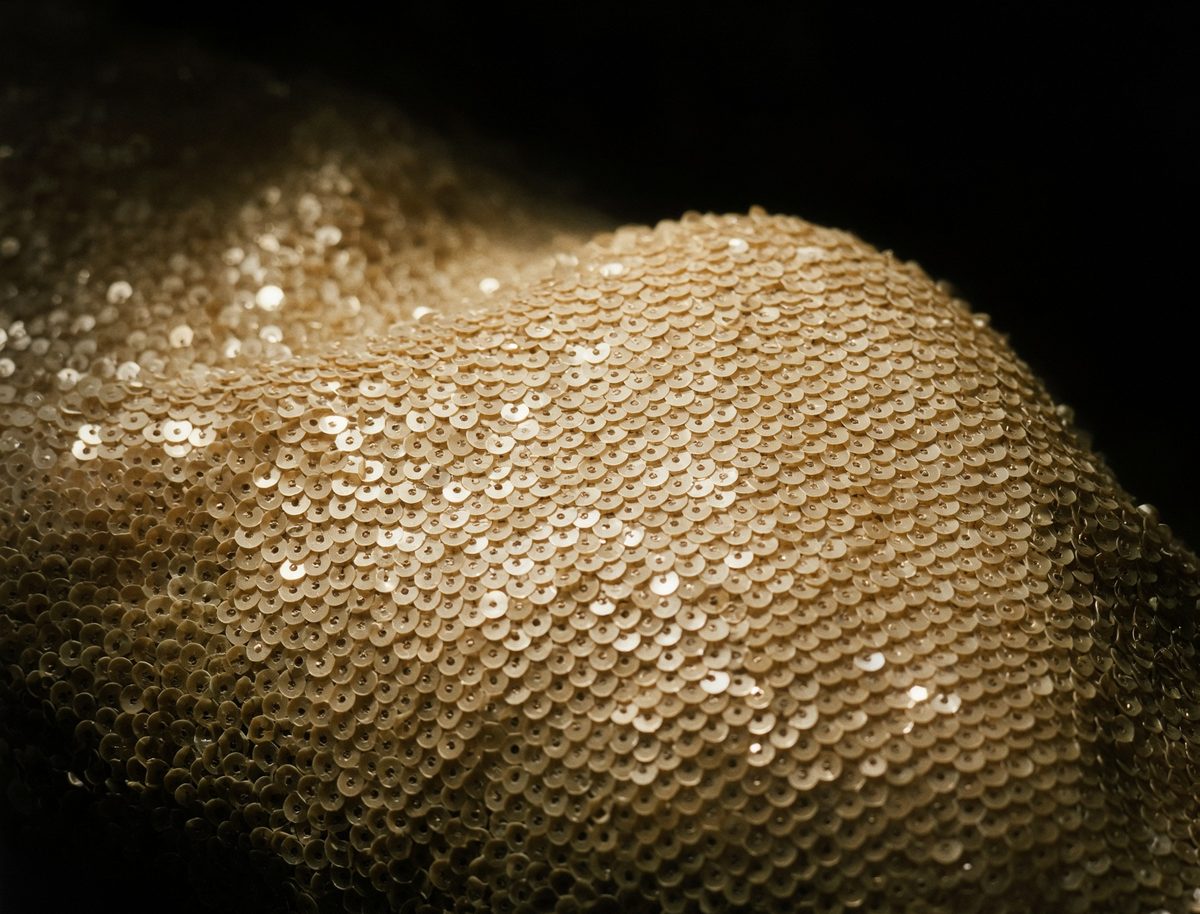 Macro of cream sequin fabric under a spotlight